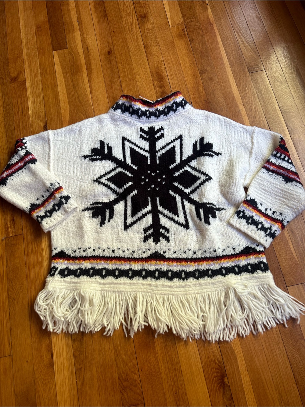Free People White Fringe Snowflake Knit Pullover with Black & Red Accent Stripes